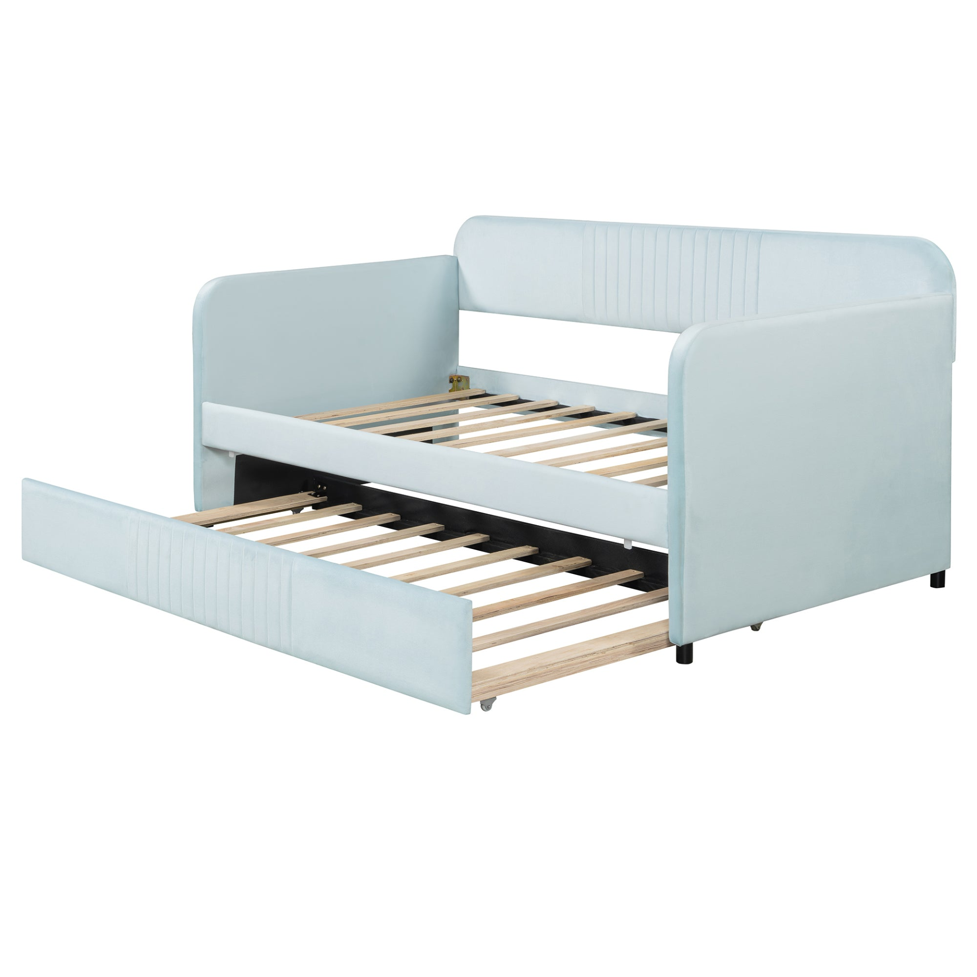 Start2Finish upholstered twin-size daybed sofa bed with trundle and wood slat base, featuring plush fabric and sturdy frame.