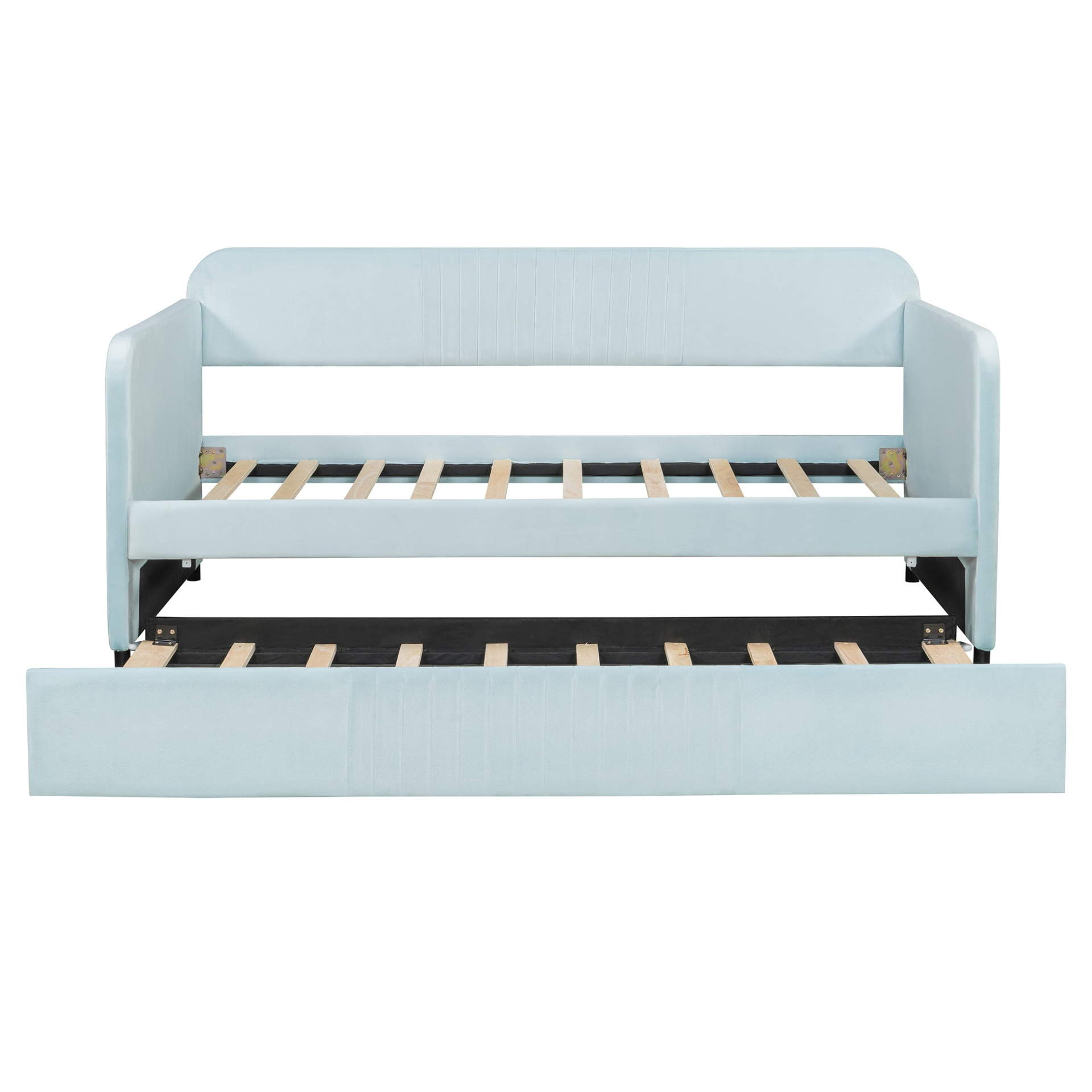 Start2Finish twin size upholstered daybed sofa bed with trundle and wood slat base, shown with cushions and bedding.