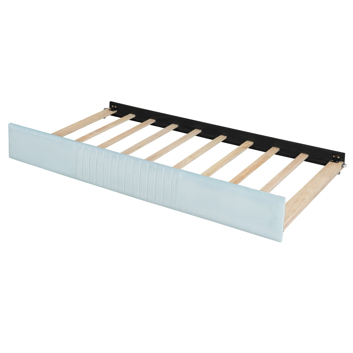 Start2Finish twin size upholstered daybed sofa bed with trundle and wood slat base, shown in a modern living room setting