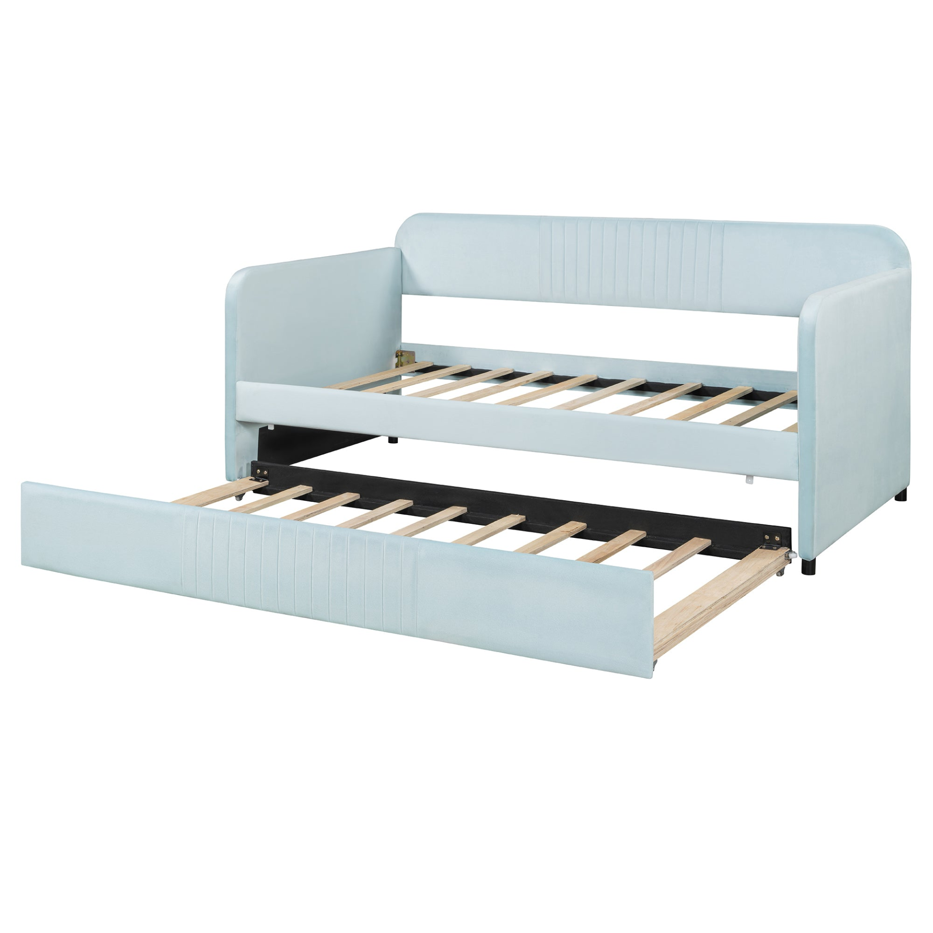 Start2Finish upholstered twin size daybed sofa bed with trundle and wood slat base, shown with cushions in a cozy living space.
