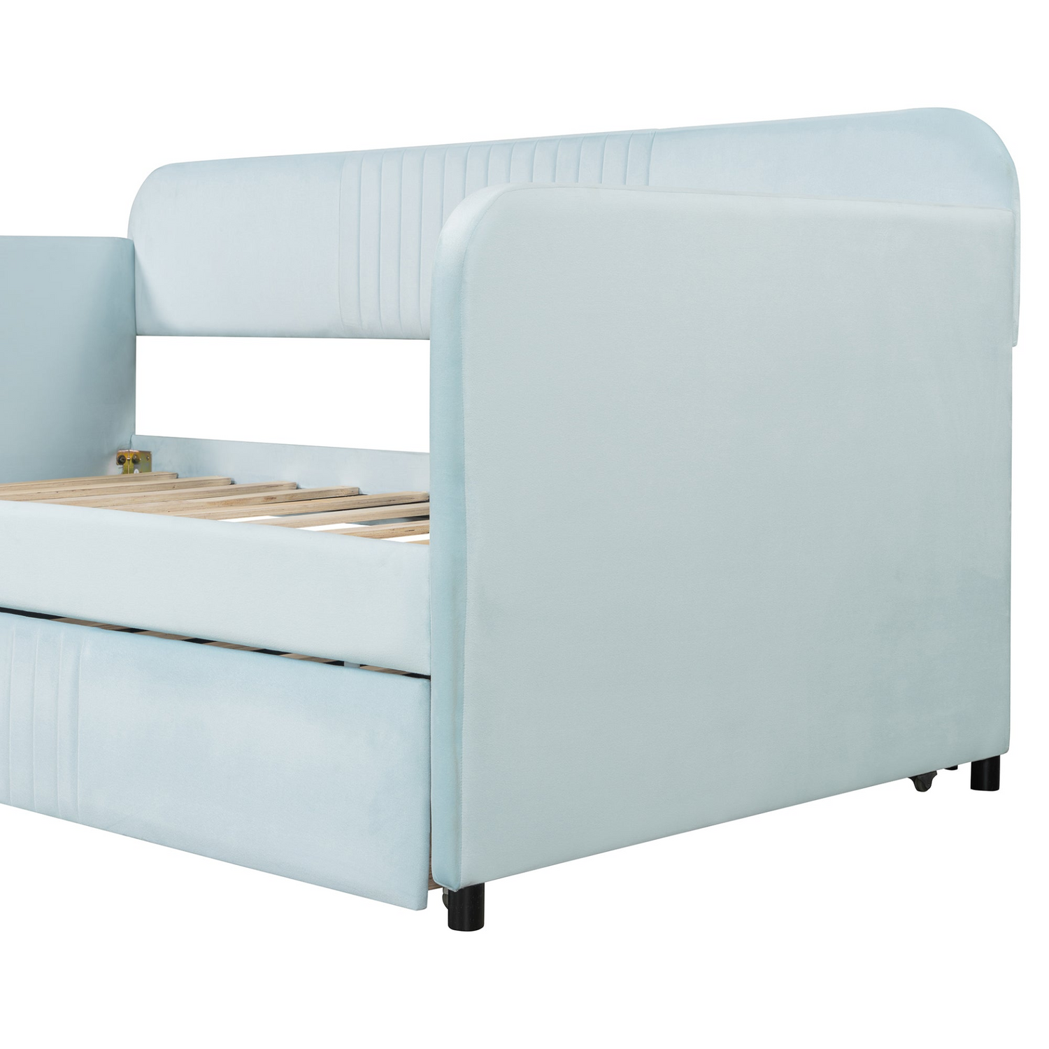 Start2Finish twin size upholstered daybed sofa bed with trundle and wood slat base, showcasing plush fabric and sturdy design.