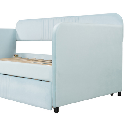 Start2Finish twin size upholstered daybed sofa bed with trundle and wood slat base, showcasing plush fabric and sturdy design.