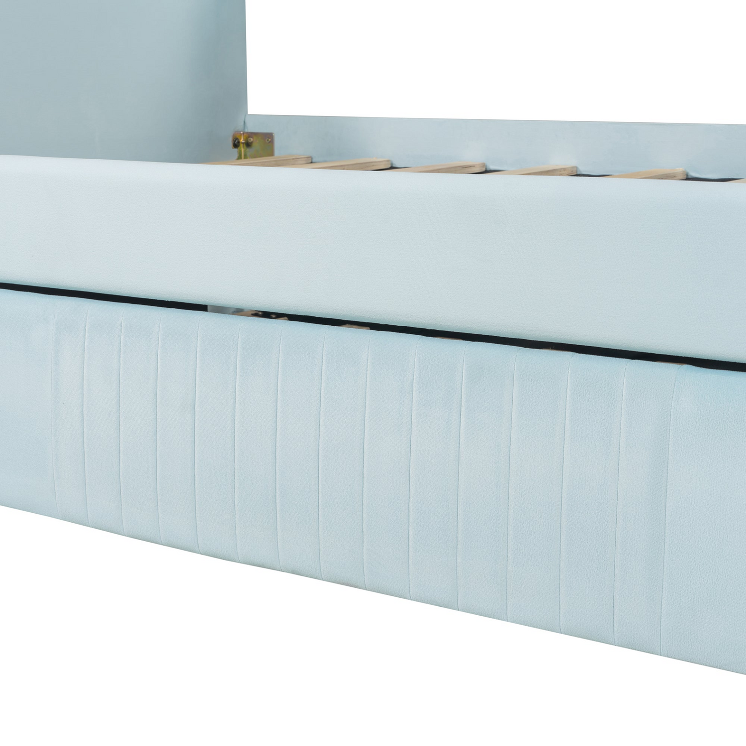 Start2Finish twin size upholstered daybed sofa bed with trundle and wood slat base, featuring plush fabric and sturdy frame.