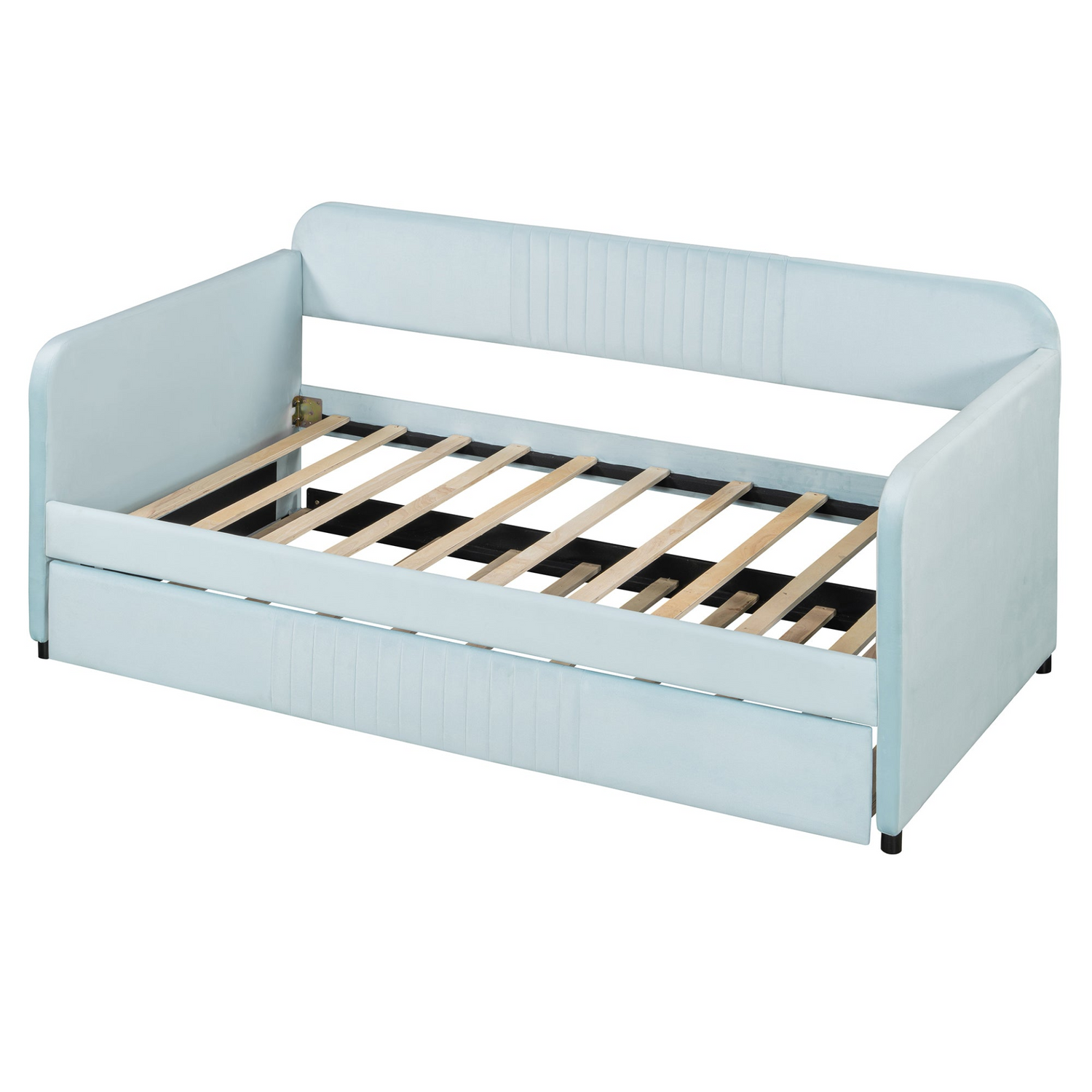 Start2Finish twin size upholstered daybed sofa bed with trundle and wood slat base, ideal for versatile living spaces.