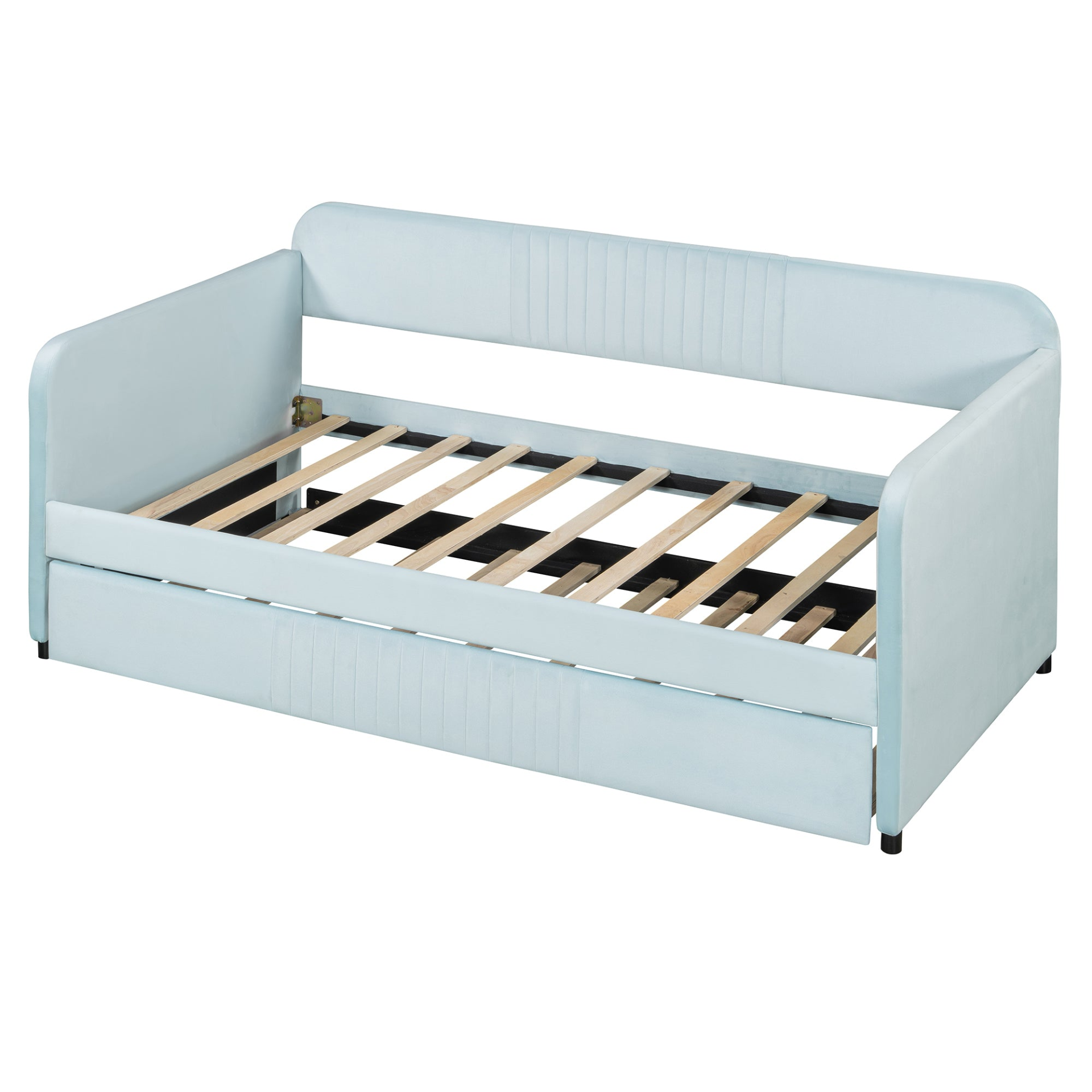 Start2Finish twin size upholstered daybed sofa bed with trundle and wood slat base, ideal for versatile living spaces.