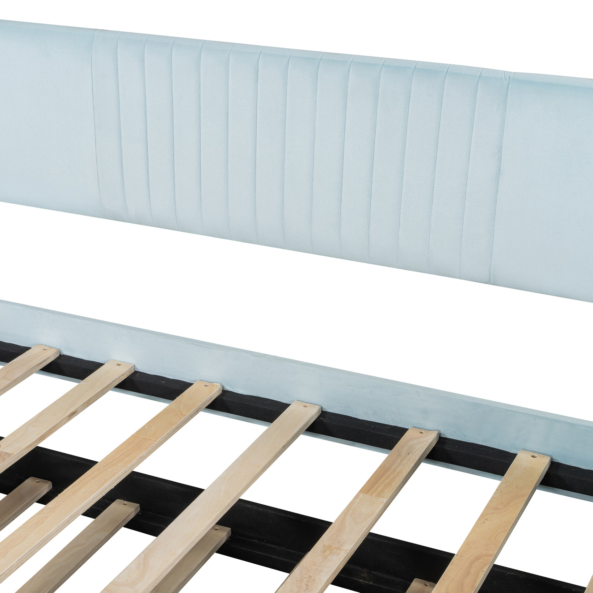 Start2Finish twin size upholstered daybed sofa bed with trundle and wood slat base, shown with neutral fabric and wooden frame