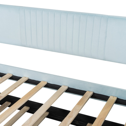 Start2Finish twin size upholstered daybed sofa bed with trundle and wood slat base, shown with neutral fabric and wooden frame