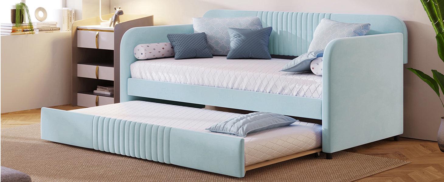 Start2Finish twin size upholstered daybed sofa bed with trundle and wood slat base, featuring plush fabric and modern design.