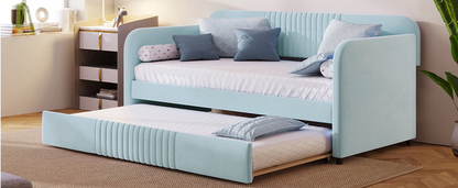 Start2Finish twin size upholstered daybed sofa bed with trundle and wood slat base, featuring plush fabric and modern design.