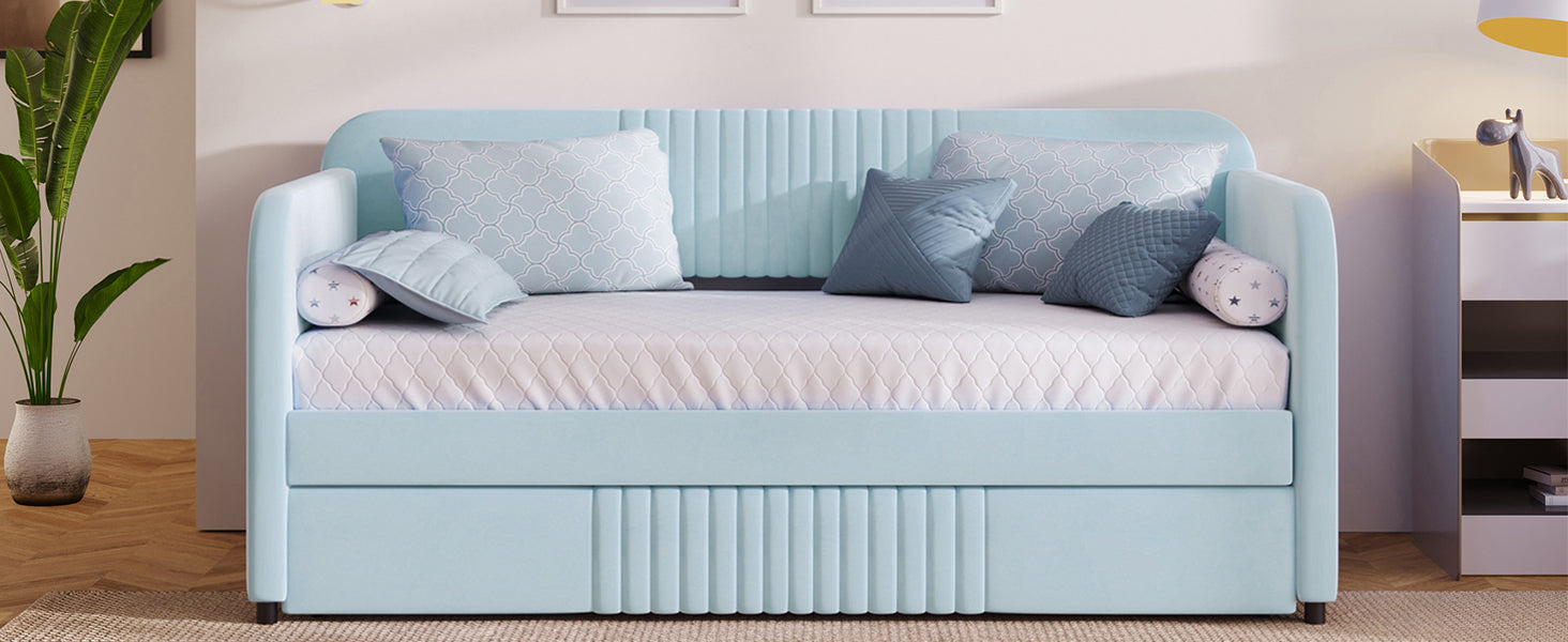 Start2Finish twin size upholstered daybed sofa bed with trundle and wood slat base, showcasing plush fabric and sturdy frame.