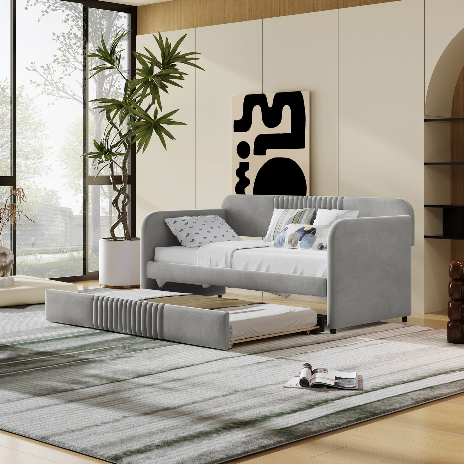 Start2Finish upholstered twin size daybed sofa bed with trundle and wood slat base, featuring plush fabric and wooden frame.