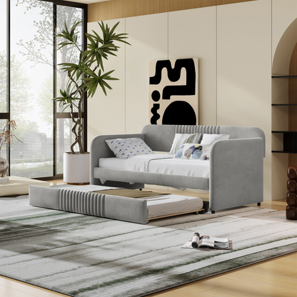 Start2Finish upholstered twin size daybed sofa bed with trundle and wood slat base, featuring plush fabric and wooden frame.
