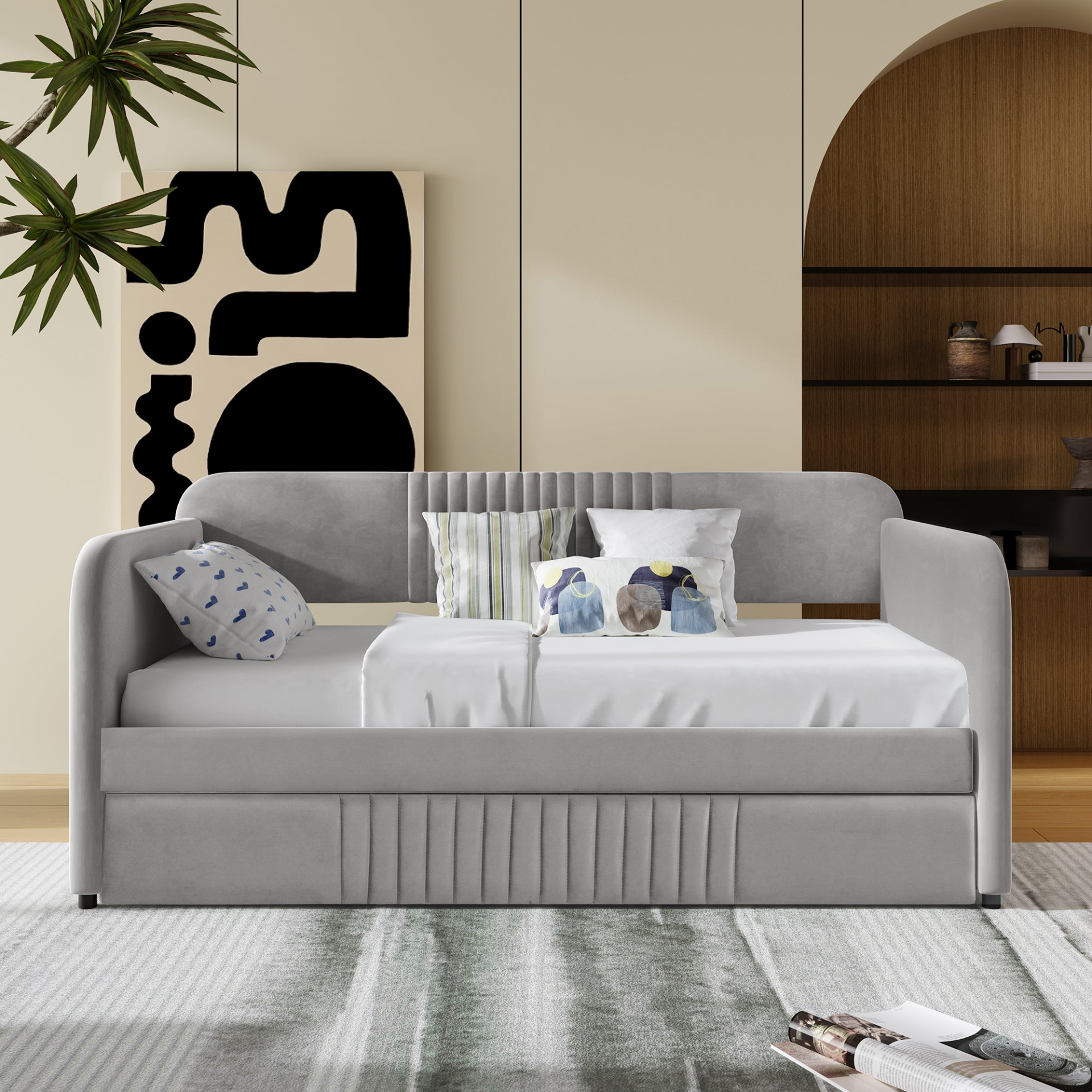 Start2Finish twin size upholstered daybed sofa bed with trundle and wood slat base, perfect for versatile bedroom seating and sleeping.