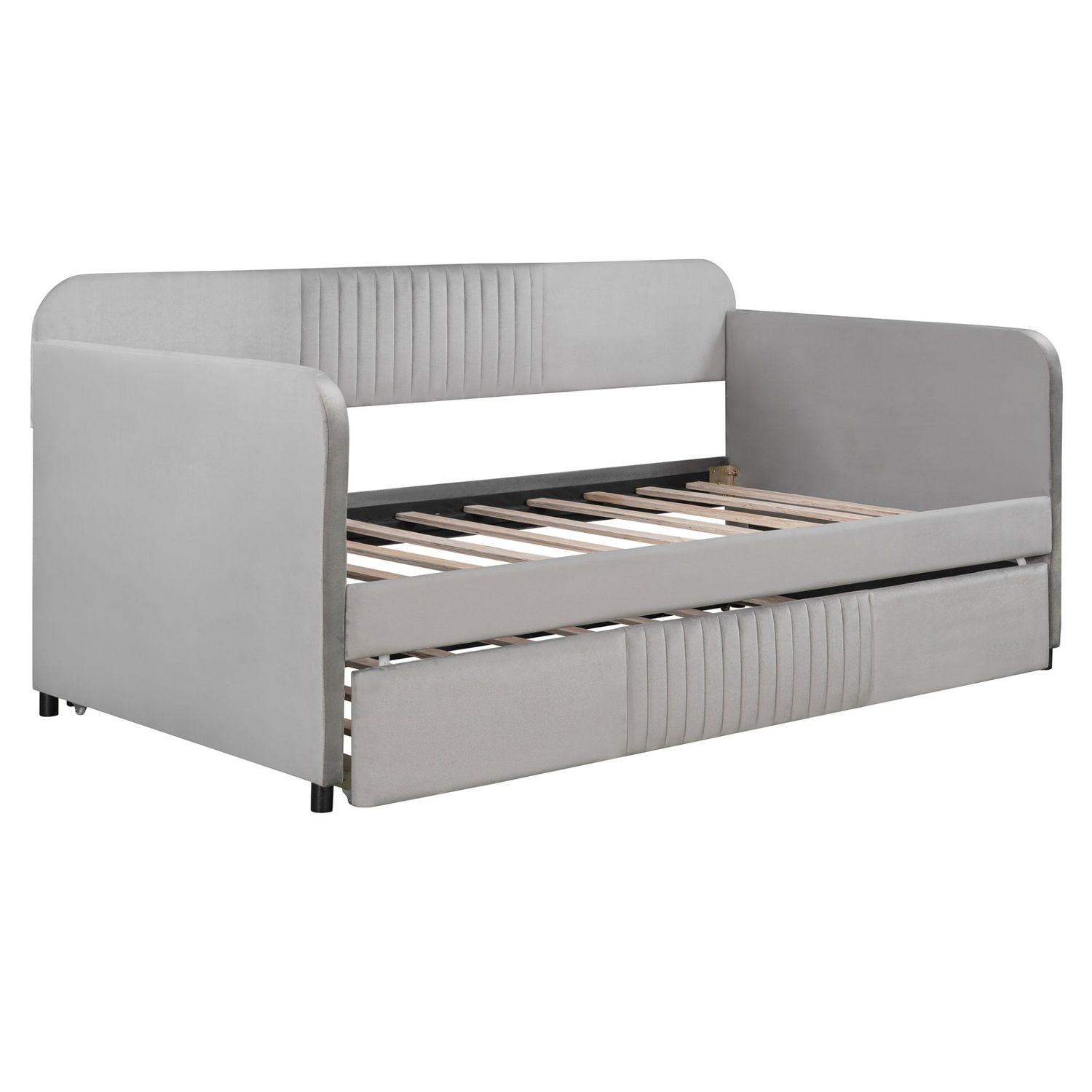 Start2Finish upholstered twin size daybed sofa bed with trundle and wood slat base, featuring plush fabric and sturdy wooden frame.