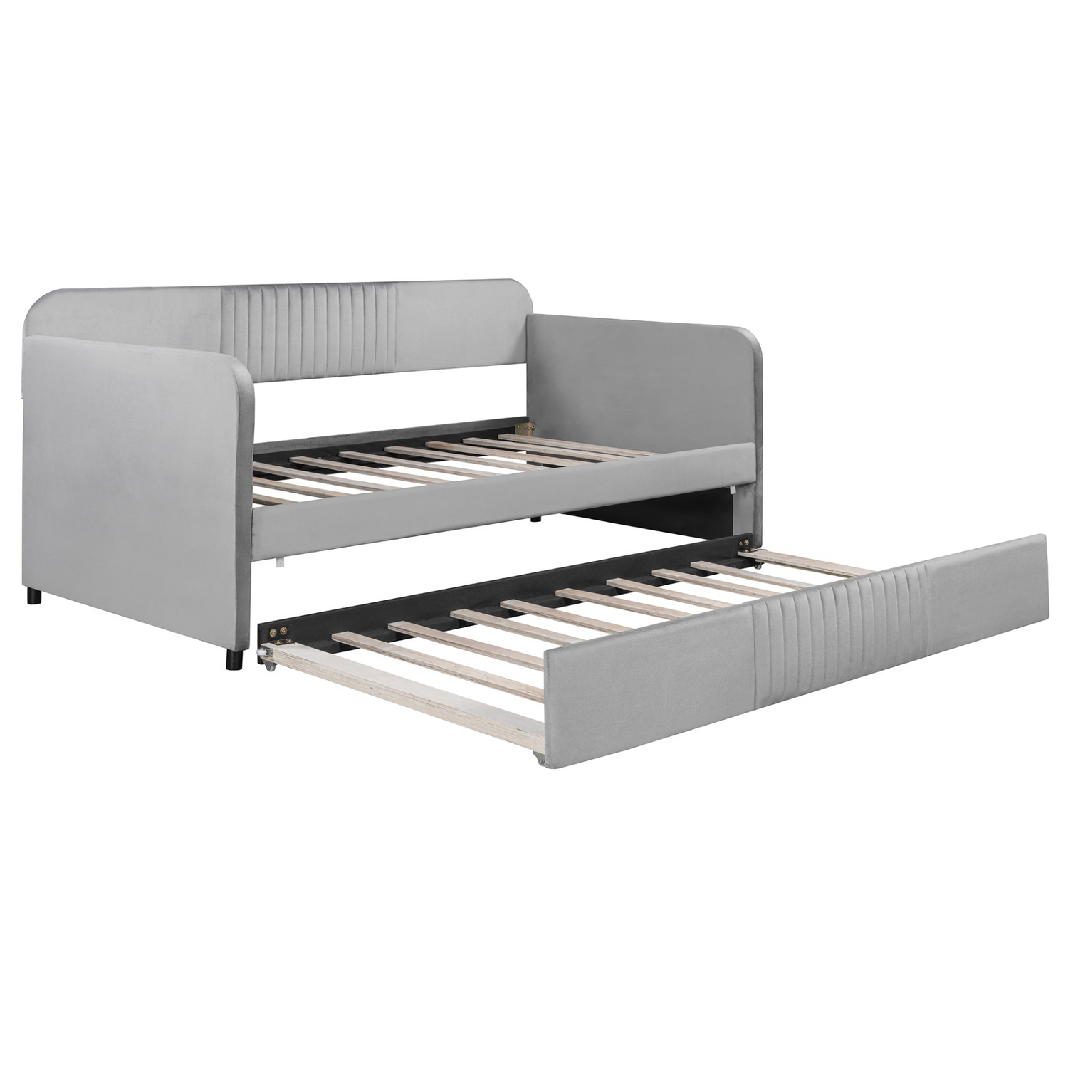 Start2Finish twin size upholstered daybed sofa bed with trundle and wood slat base, shown with plush fabric and wooden frame
