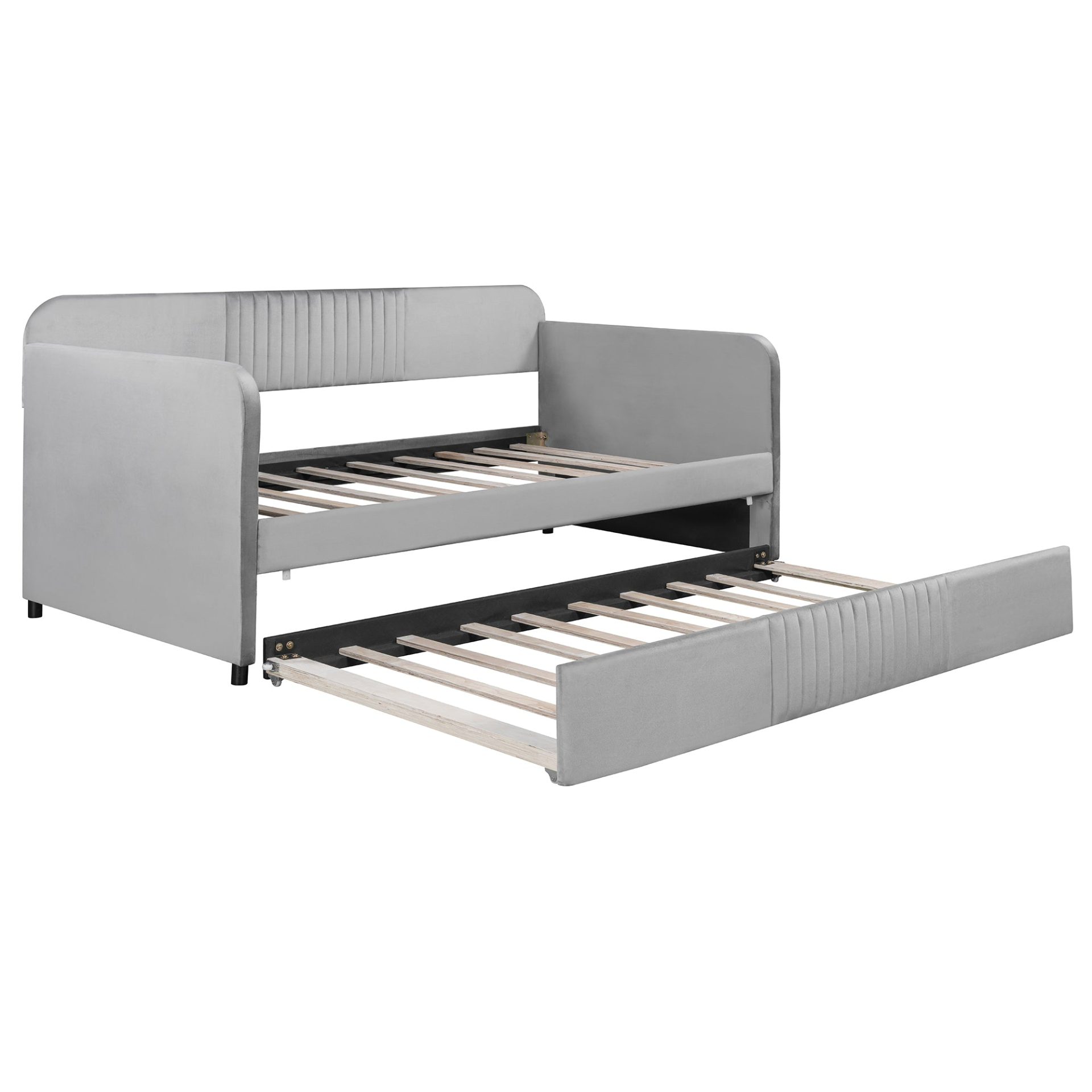 Start2Finish twin size upholstered daybed sofa bed with trundle and wood slat base, shown with plush fabric and wooden frame