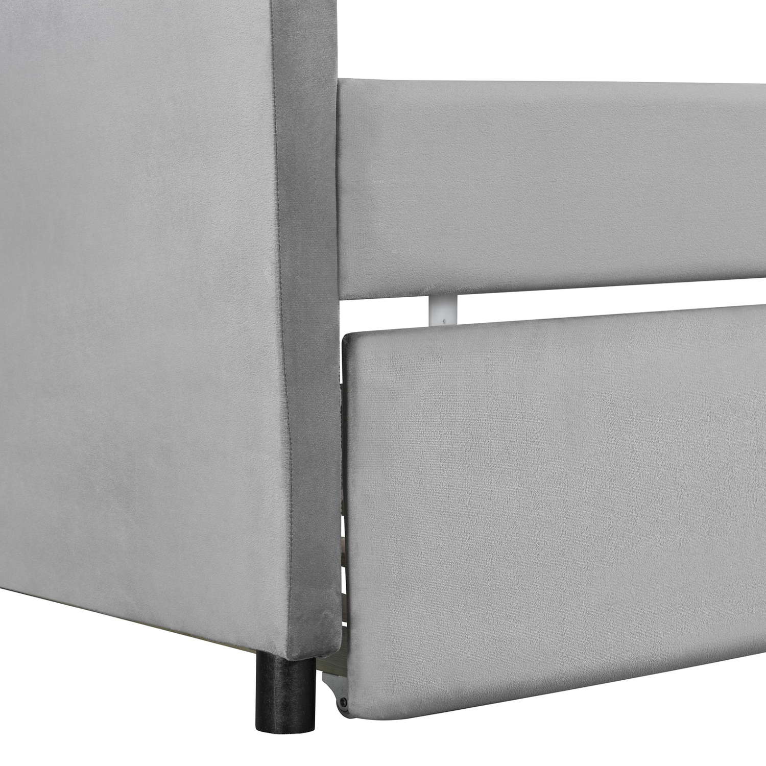 Start2Finish upholstered twin size daybed sofa bed with trundle and wood slat base, shown with cushions and frame.