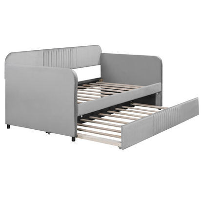 Start2Finish twin size upholstered daybed sofa bed with trundle and wood slat base, featuring plush fabric and sturdy frame.