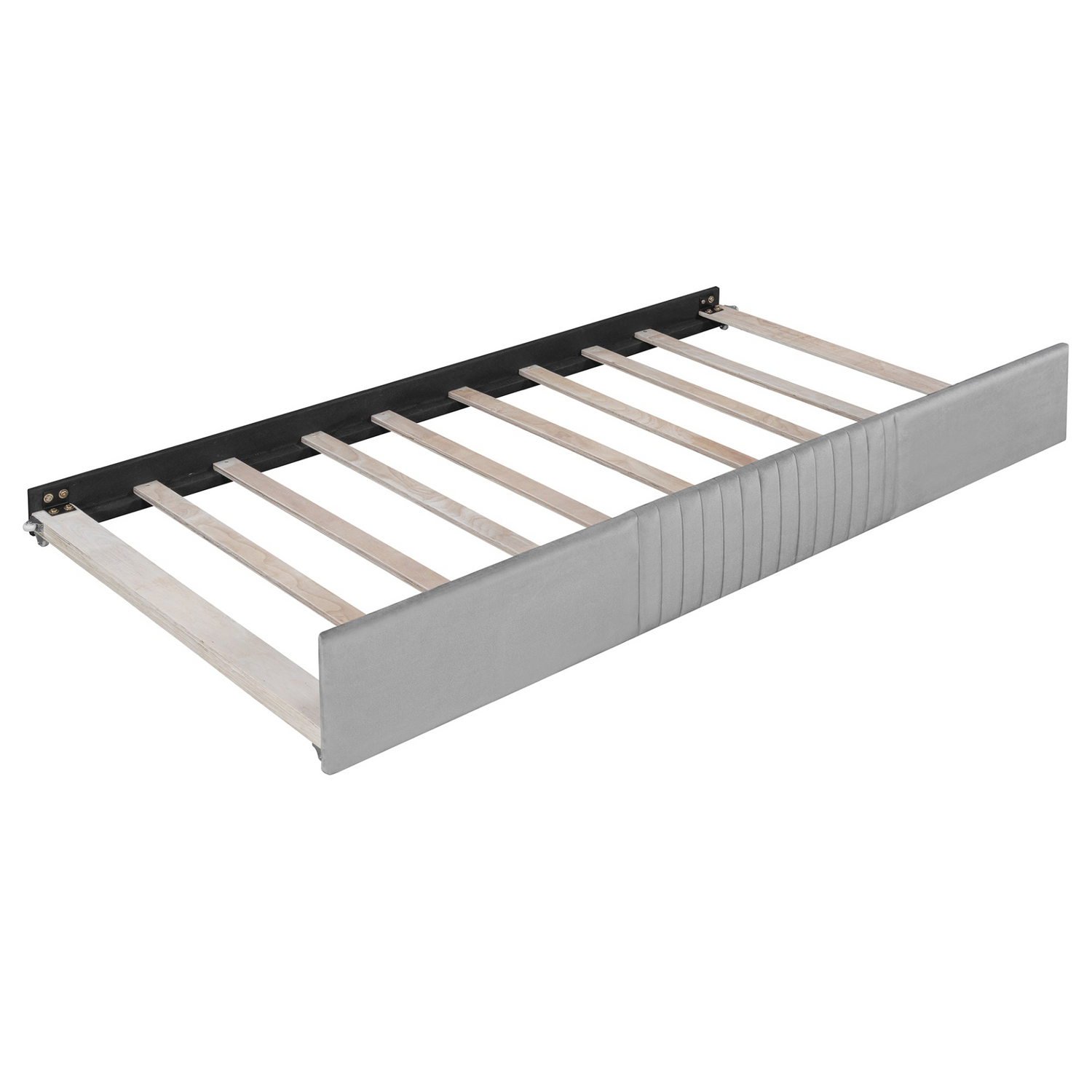 Start2Finish twin size upholstered daybed sofa bed with trundle and wood slat base, featuring plush fabric and a modern design.