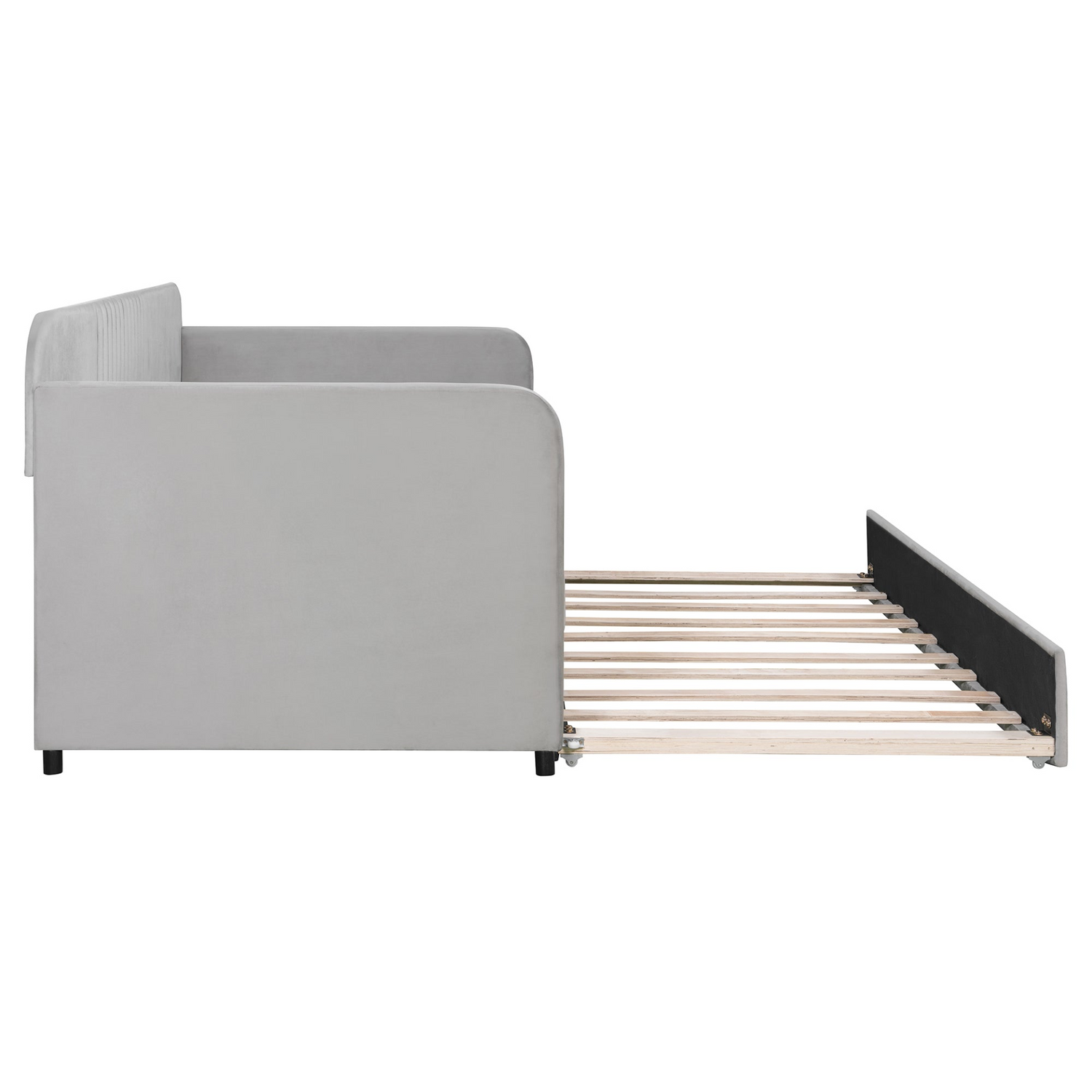 Start2Finish twin size upholstered daybed sofa bed with trundle and wood slat base, showing plush fabric and wooden frame.