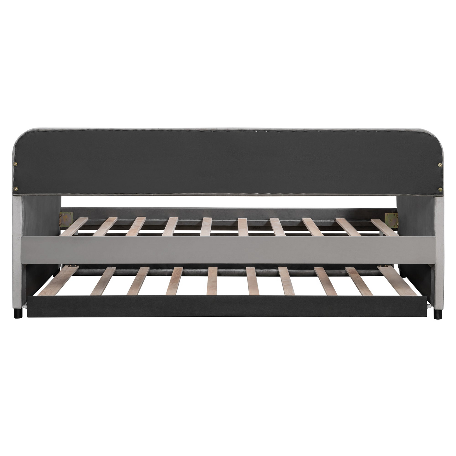 Start2Finish twin size upholstered daybed sofa bed with trundle and wood slat base, showcasing plush fabric and sturdy construction.