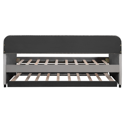 Start2Finish twin size upholstered daybed sofa bed with trundle and wood slat base, showcasing plush fabric and sturdy construction.