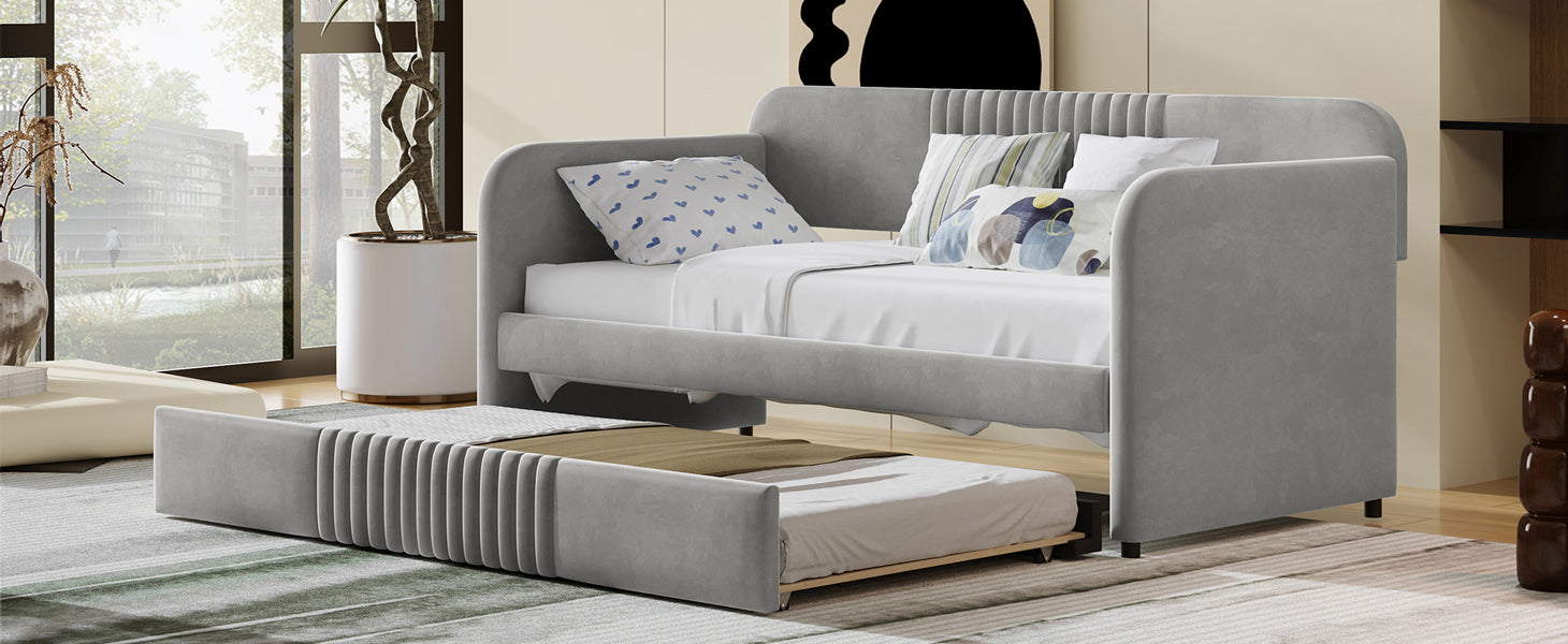 Start2Finish twin size upholstered daybed sofa bed with trundle and wood slat base, featuring plush fabric and sturdy construction.