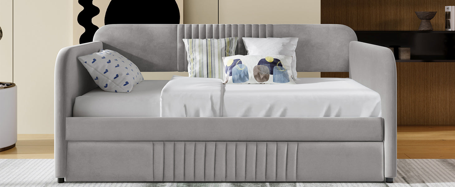 Start2Finish upholstered twin size daybed sofa bed with trundle and wood slat base, featuring plush fabric and sturdy frame.