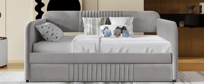 Start2Finish upholstered twin size daybed sofa bed with trundle and wood slat base, featuring plush fabric and sturdy frame.
