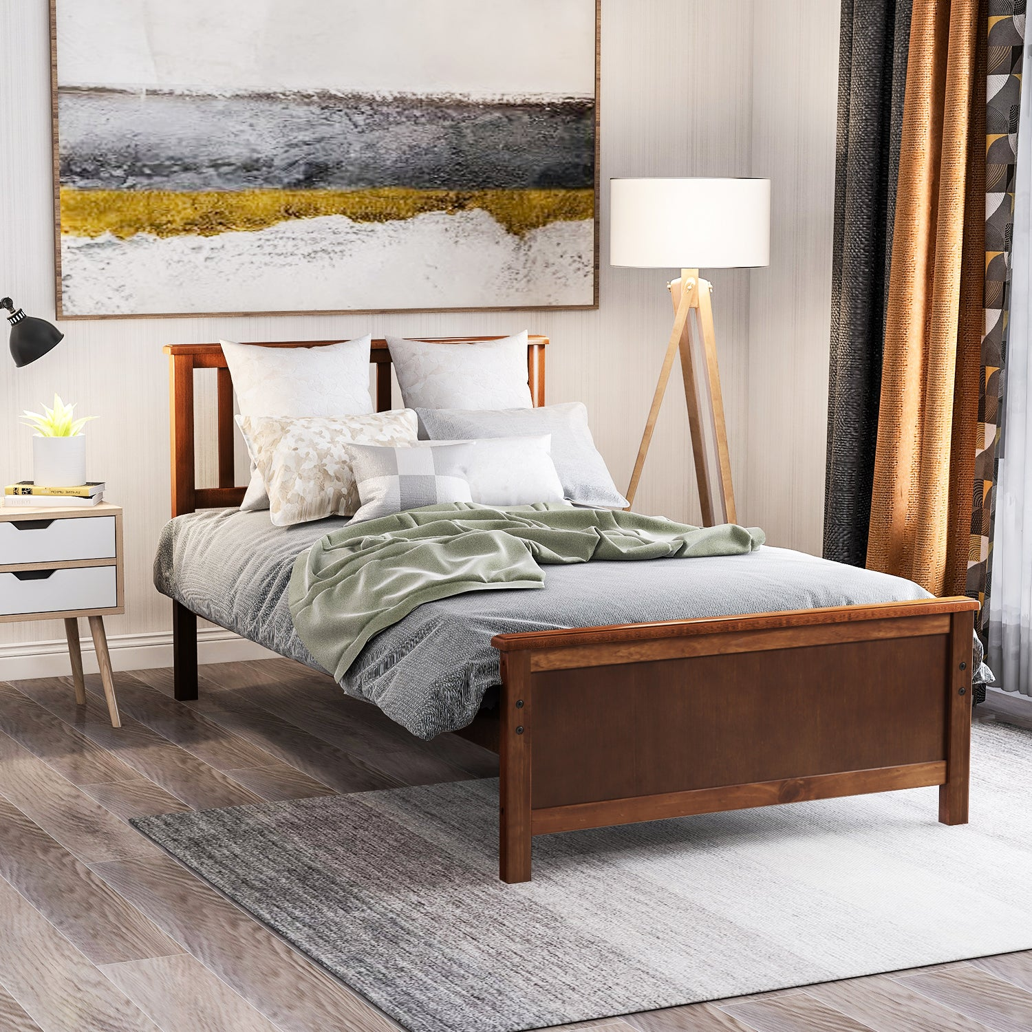Start2Finish wood platform bed frame with headboard, footboard, and wooden slat support, shown in natural wood finish.