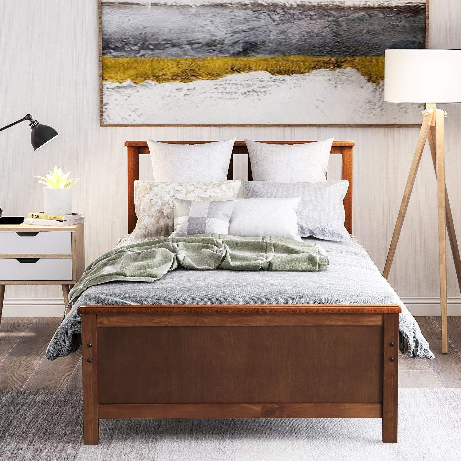 Start2Finish wood platform bed frame with headboard, footboard, and wood slat support shown in a bedroom setting.