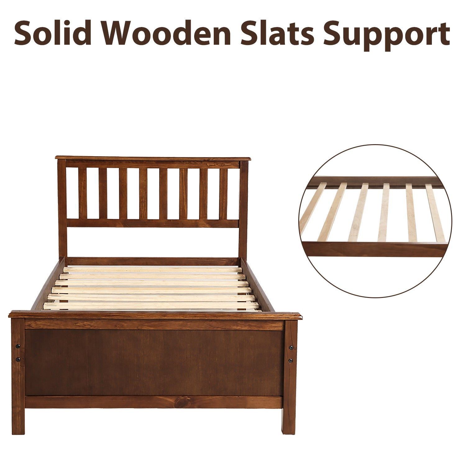Start2Finish wood platform bed frame with headboard, footboard, and wood slat support shown in the image.
