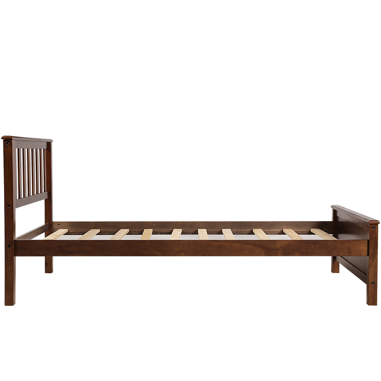 Start2Finish wood platform bed frame with headboard, footboard, and wood slat support, showcasing a sturdy, natural wood finish.