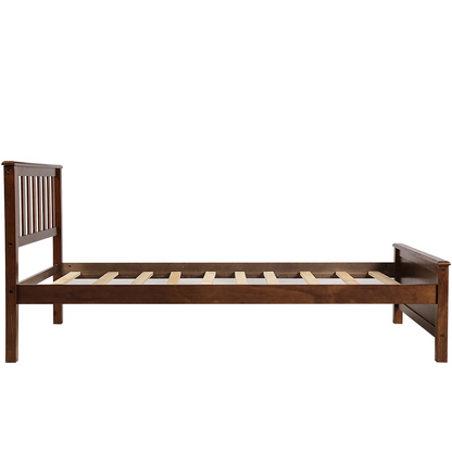 Start2Finish wood platform bed frame with headboard, footboard, and wood slat support, showcasing a sturdy, natural wood finish.