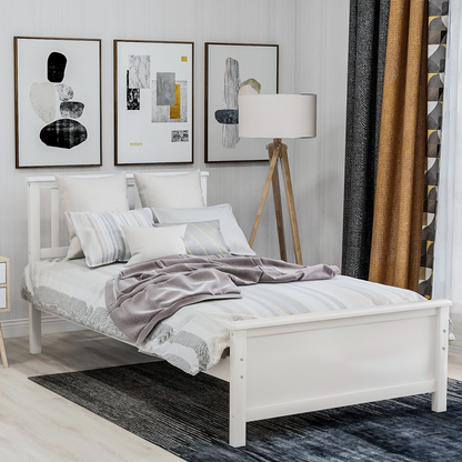 Start2Finish wood platform bed frame with headboard, footboard, and wood slat support shown in the image.