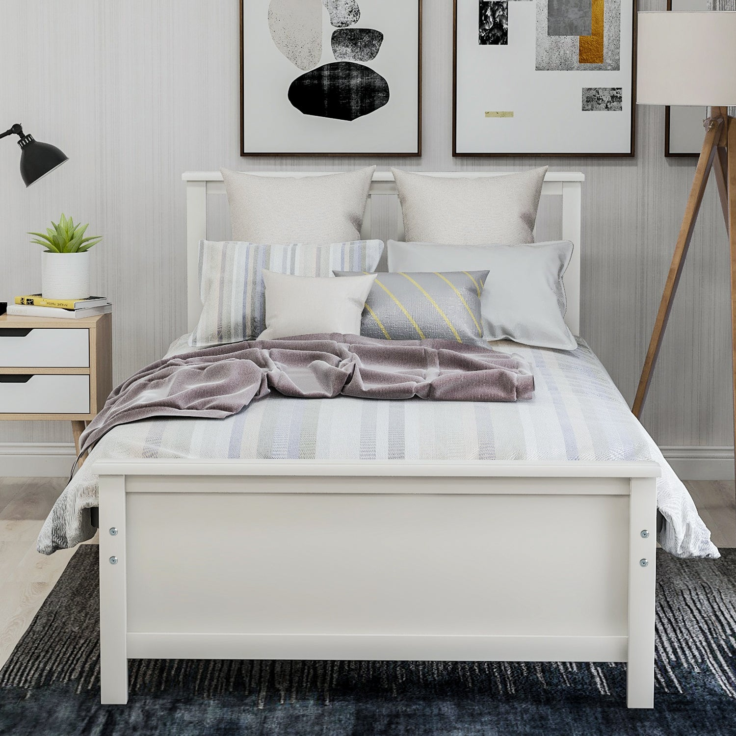 Start2Finish wood platform bed frame with headboard, footboard, and wood slat support shown in natural wood finish.