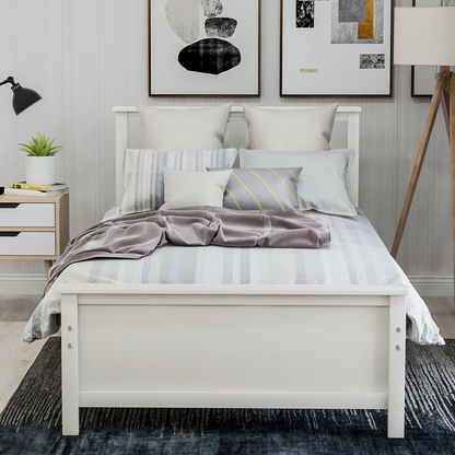 Start2Finish wood platform bed frame with headboard, footboard, and wood slat support shown in natural wood finish.
