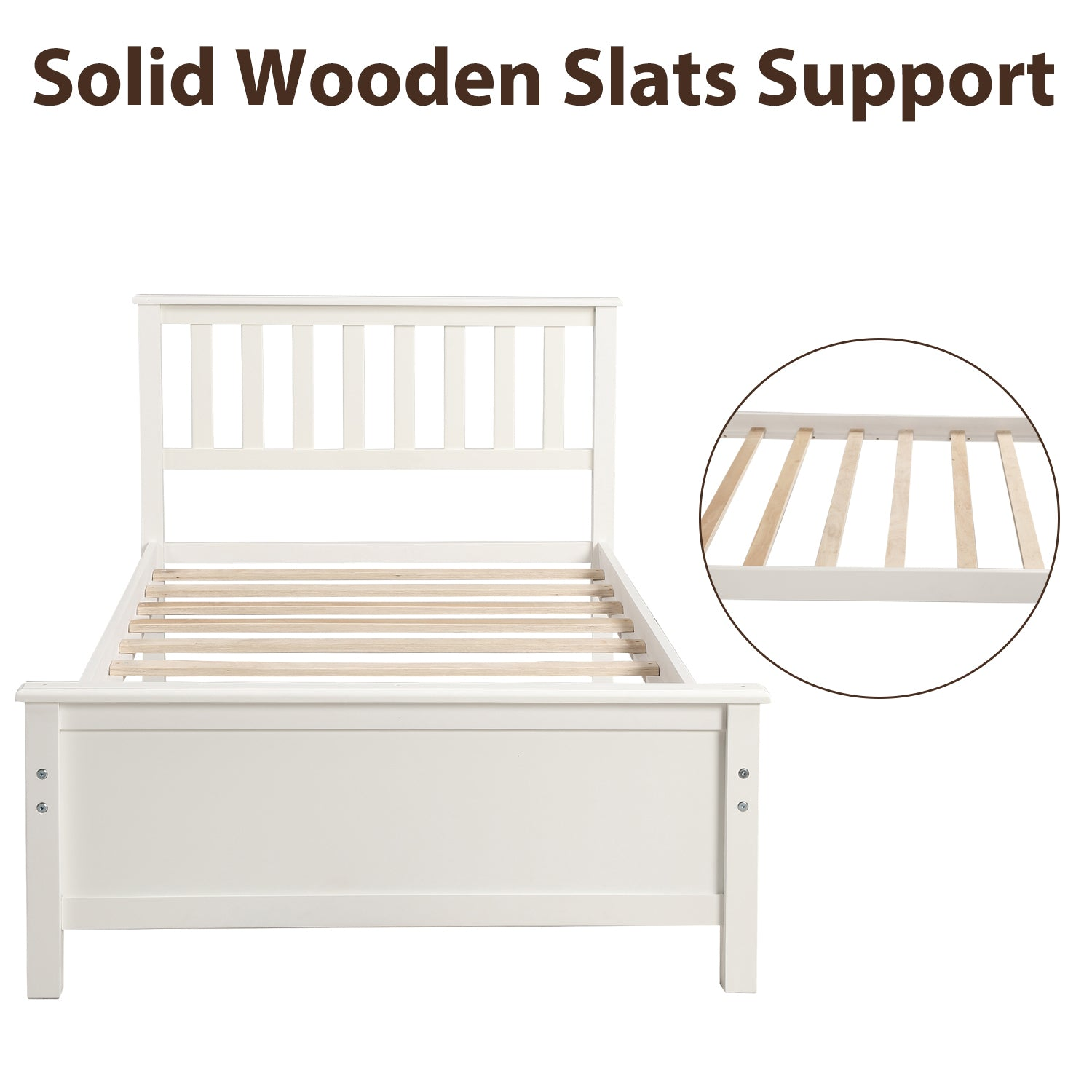 Start2Finish wood platform bed frame with headboard, footboard, and wood slat support, shown in a modern bedroom setting.