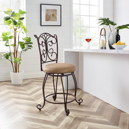 Start2Finish gathered back counter stool, 24-inch height, featuring a wooden seat and metal frame for a modern kitchen bar area.