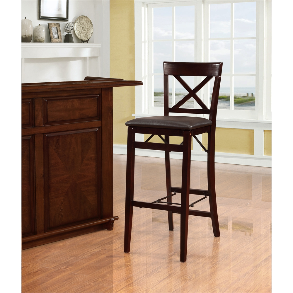 Start2Finish Triena 30-inch back folding bar stool with X-shaped support and wooden seat, displayed in a modern kitchen setting.