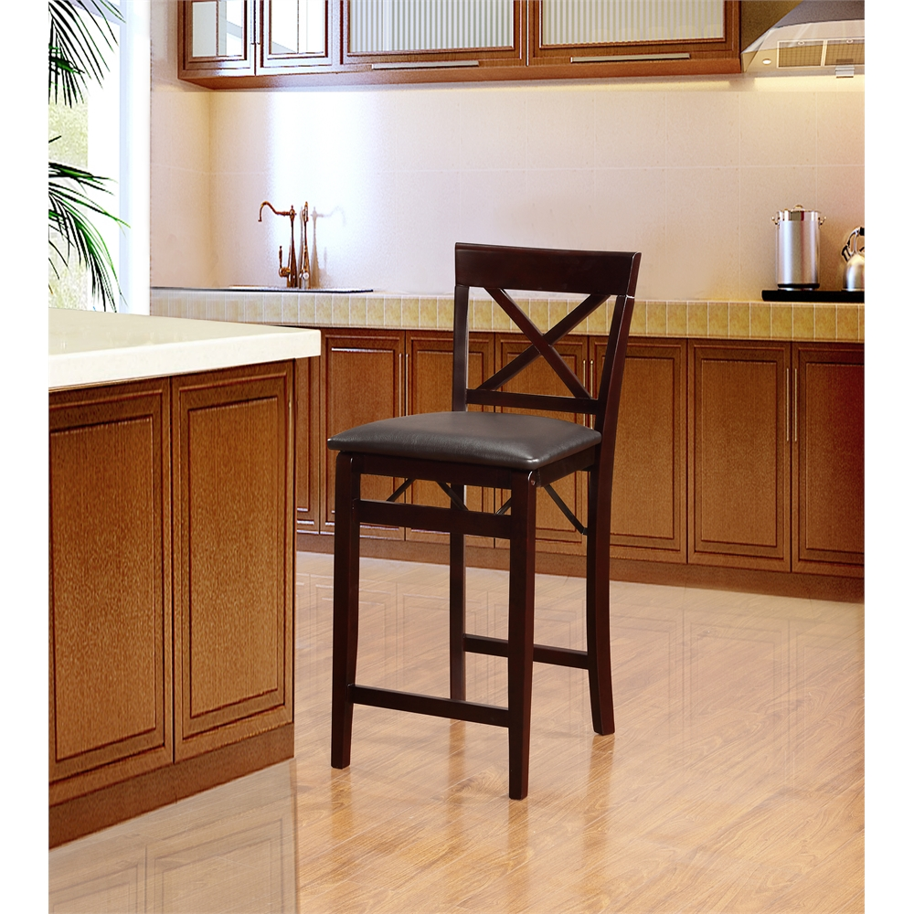 Start2Finish Triena 24-inch back folding counter stool with X-style design, wooden seat, and sturdy metal frame.