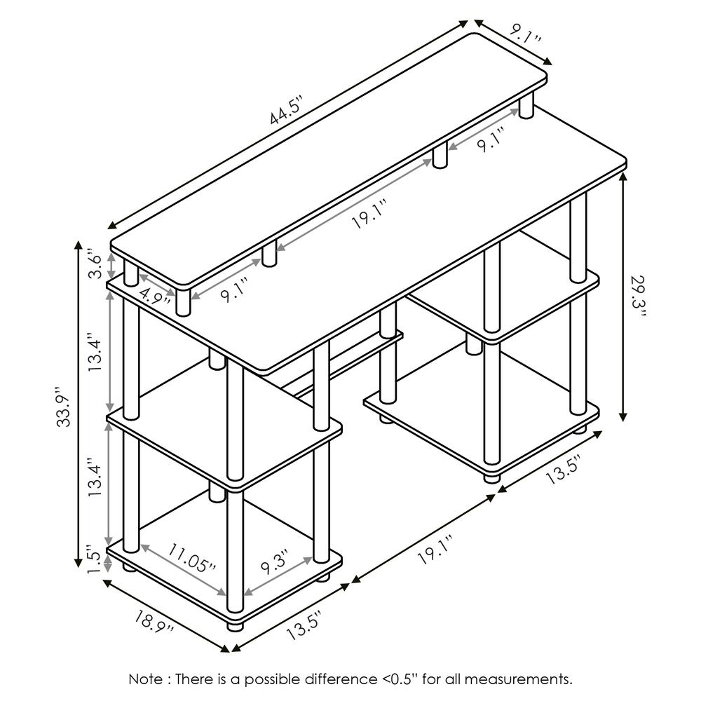 Furinno Turn-N-Tube computer desk with top shelf in espresso and black finish, compact workspace with modern design