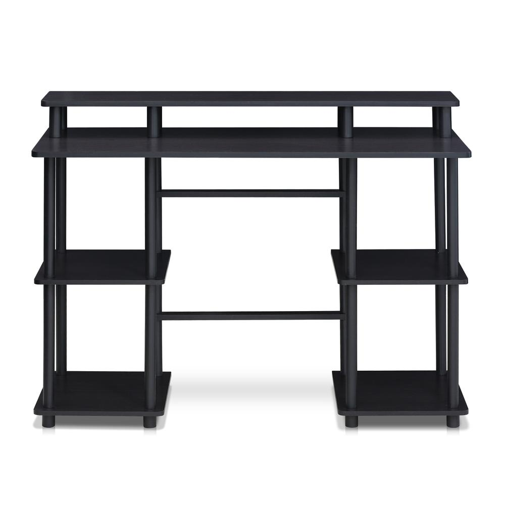 Start2Finish Furinno Turn-N-Tube computer desk with top shelf in espresso and black, showing a sleek modern workspace setup.