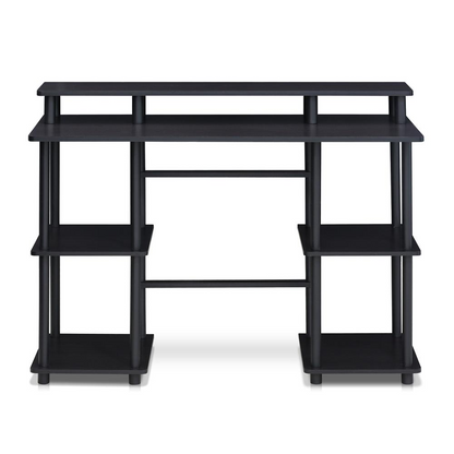 Start2Finish Furinno Turn-N-Tube computer desk with top shelf in espresso and black, showing a sleek modern workspace setup.