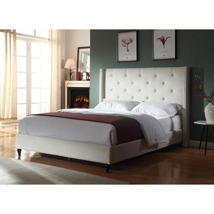 Beige Best Master Valentina fabric upholstered wingback queen platform bed by Start2Finish, showing the headboard and side details.