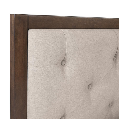 Reid Mid Century Oatmeal Platform Queen Bed by Start2Finish with a wooden frame and upholstered headboard in a cozy bedroom setting.