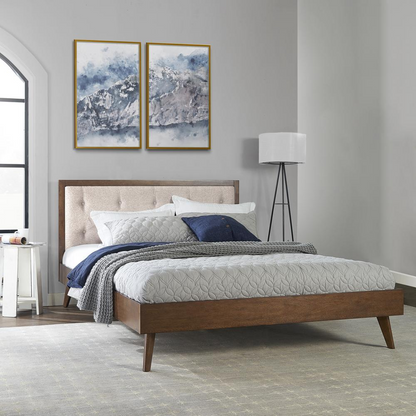 Reid Mid Century Oatmeal Platform Queen Bed by Start2Finish with a wooden frame and upholstered headboard in a modern bedroom setting.
