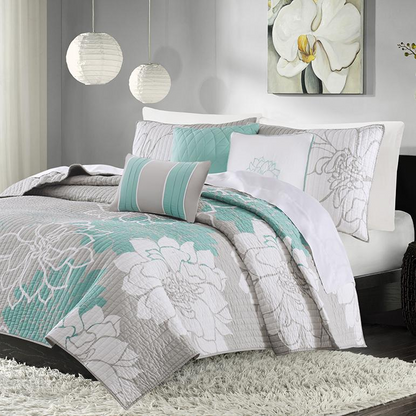 Start2Finish 6-piece printed cotton quilt set with matching throw pillows, featuring colorful, patterned bedding and pillow accents.