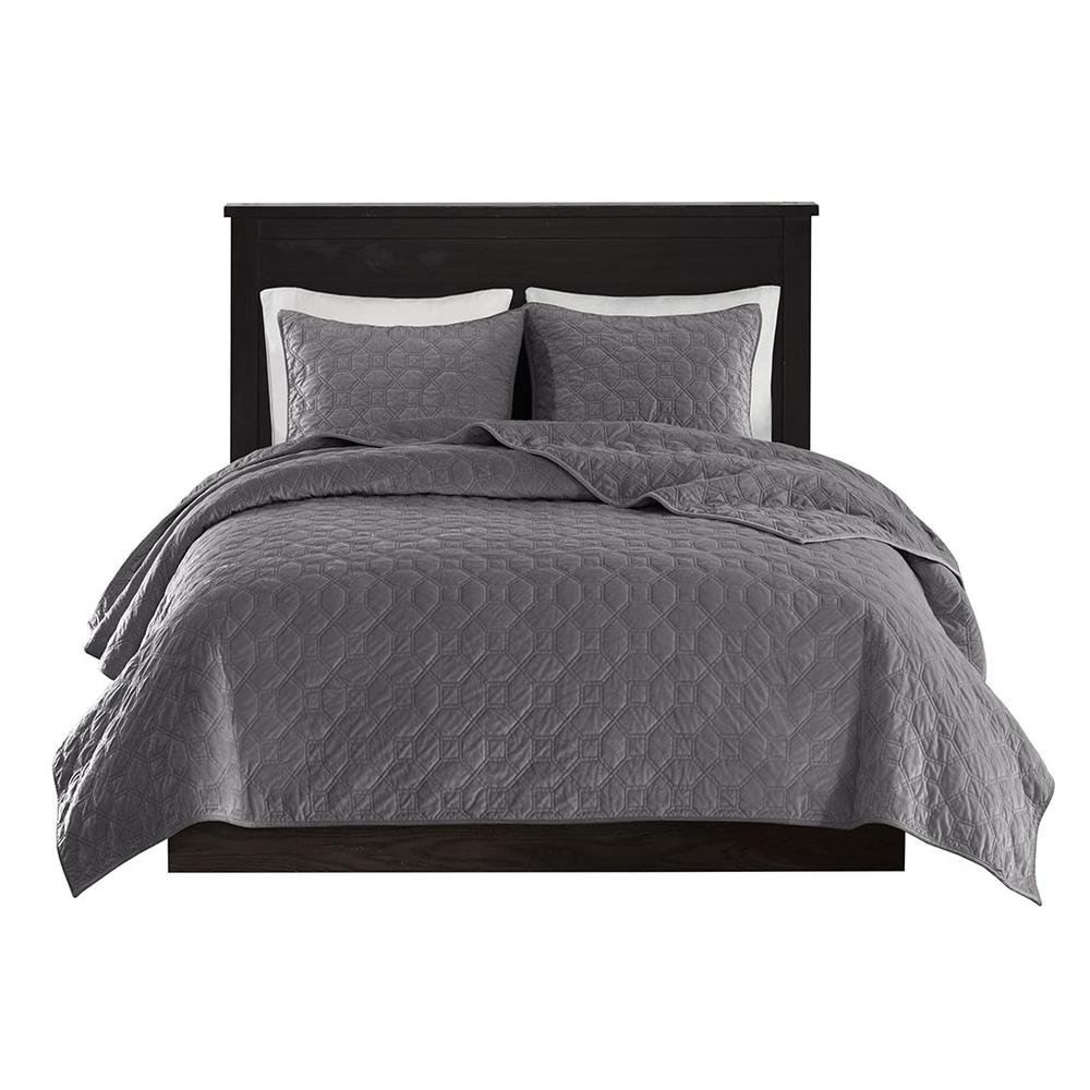 Start2Finish Harper 3-piece grey velvet quilt set with matching pillow shams on a bed, showcasing soft, luxurious bedding.