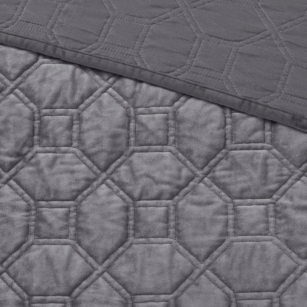 Start2Finish Harper 3-piece grey velvet quilt set with matching pillow shams, cozy and stylish bedding for bedroom decor.